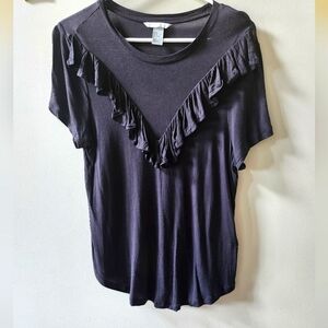 H&M front ruffle short sleeve shirt, Black, Women's M